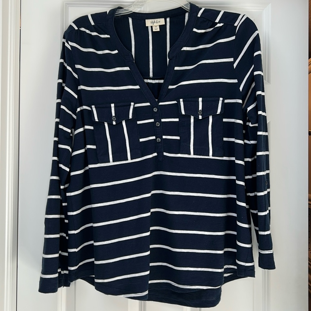 STYLE & CO Navy and White Striped Shirt Plus size 1X
